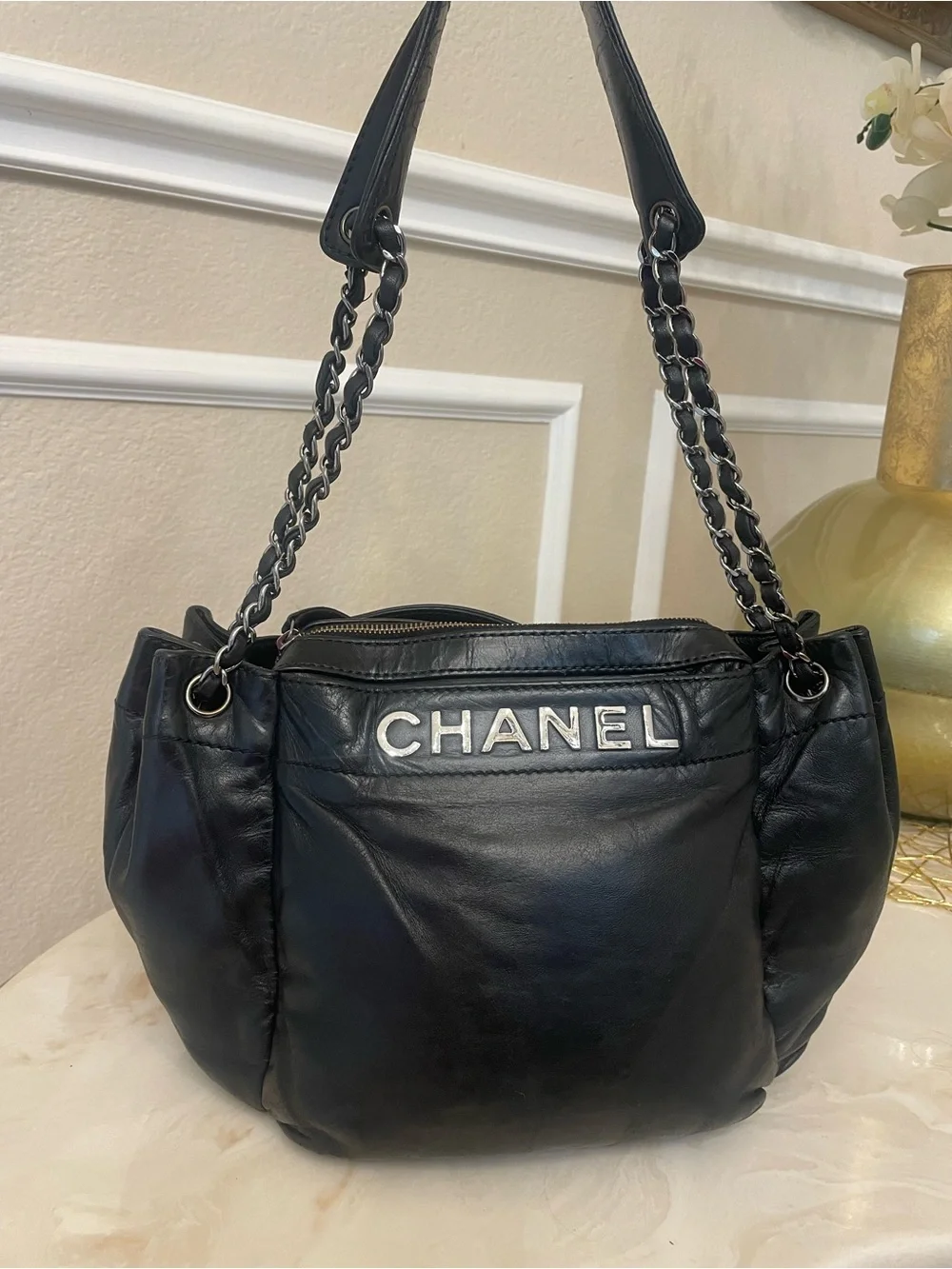 Chanel black large LAX lambskin shoulder bag gunmetal silver hardware plaque